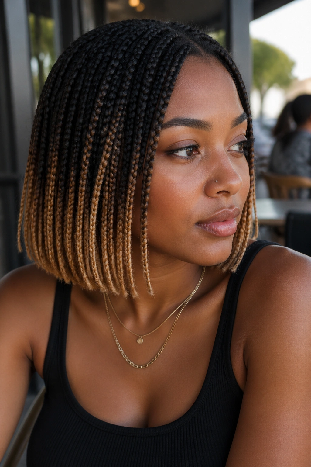Real woman with ombré box braids fading from dark roots to light ends near the chin.