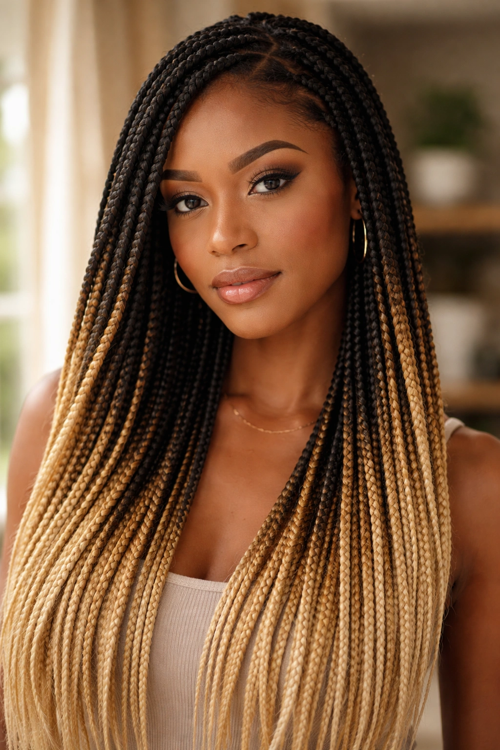 Close-up portrait of a real woman with black-to-honey blonde ombré box braids in natural light