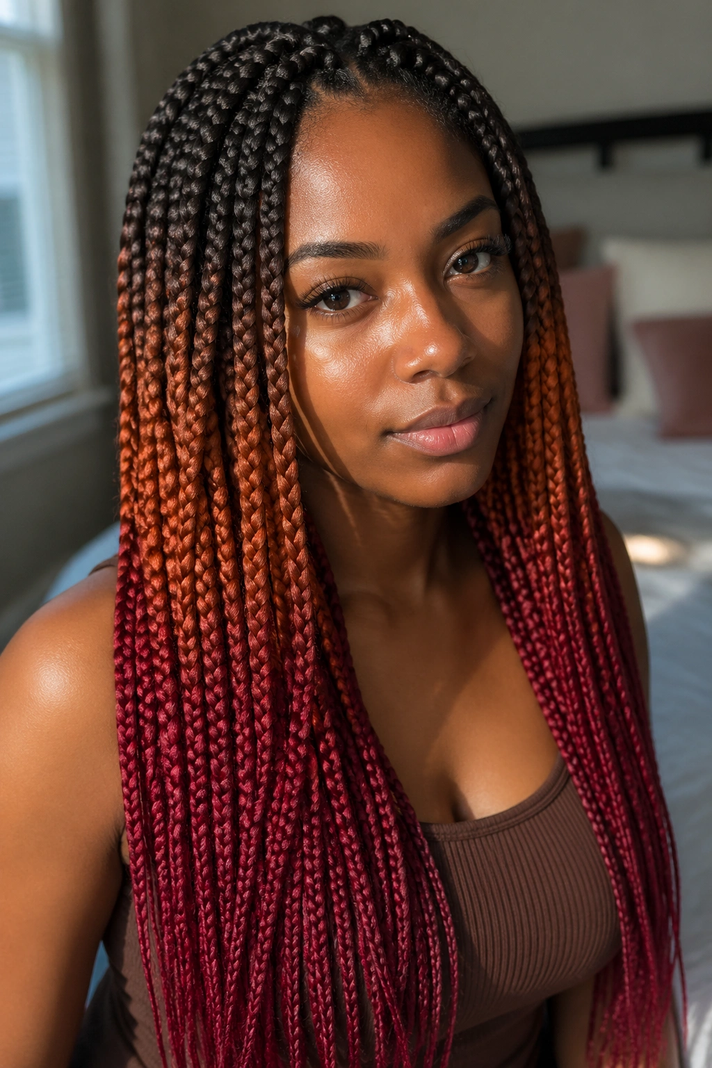 Close-up of a real woman with copper-to-cherry ombre box braids showing dark roots to copper and cherry ends