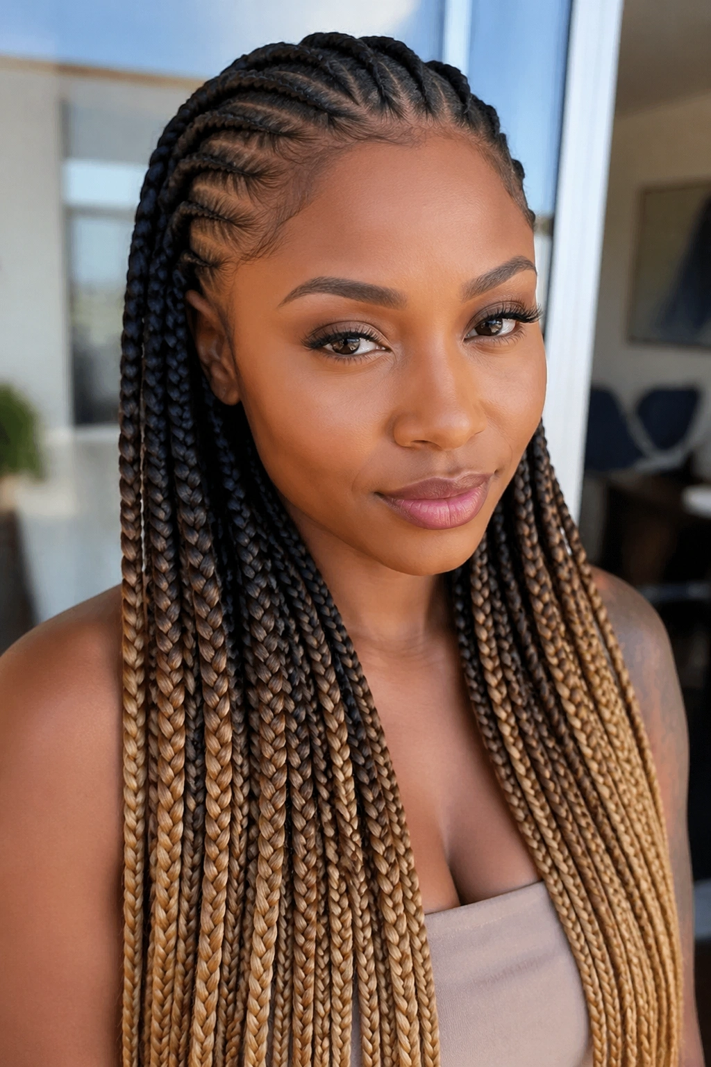 Real woman with ombré box braids and solid cornrows on top