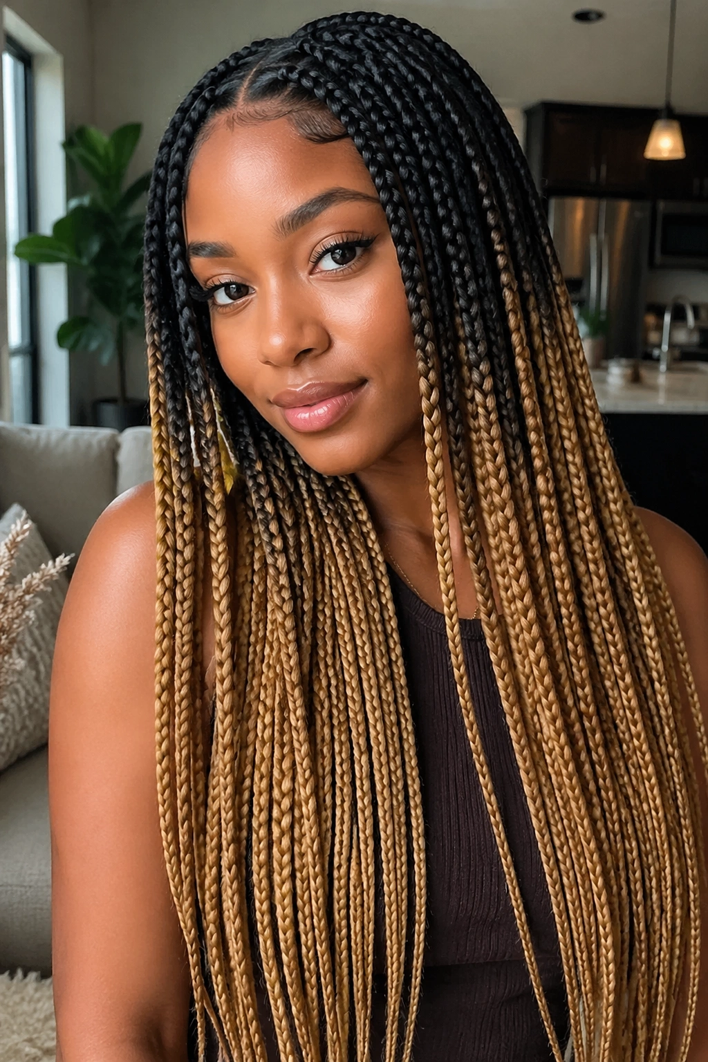 Close-up portrait of a real woman with waist-length black-to-honey ombré box braids