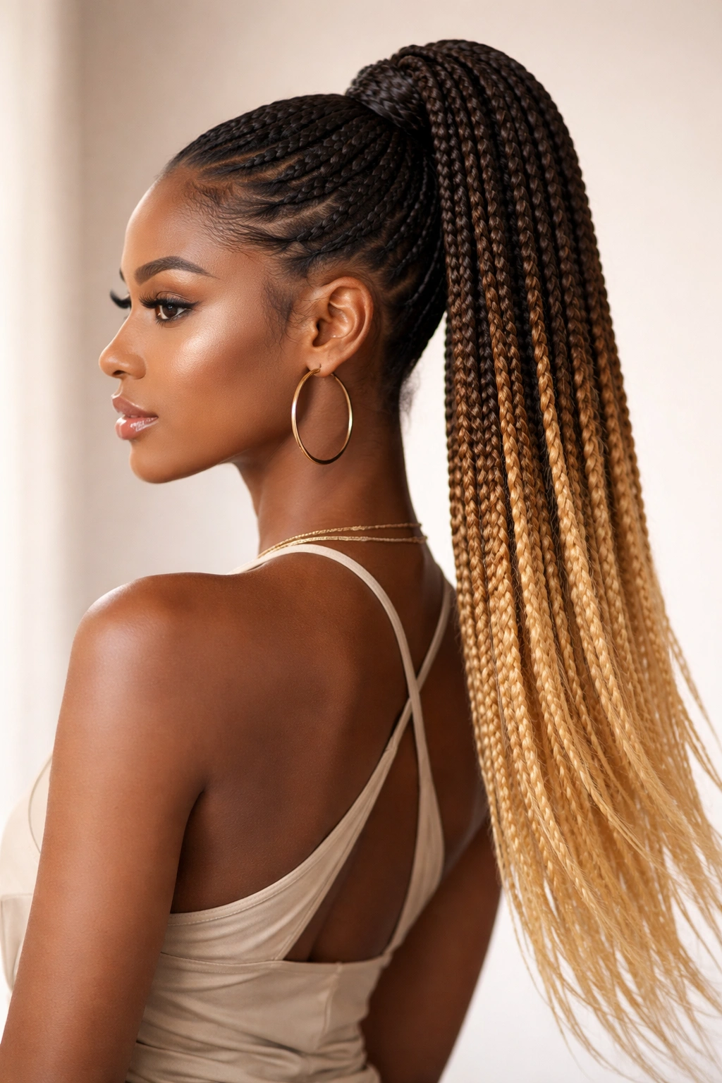 Ombré braided high pony with dark roots fading to light ends.