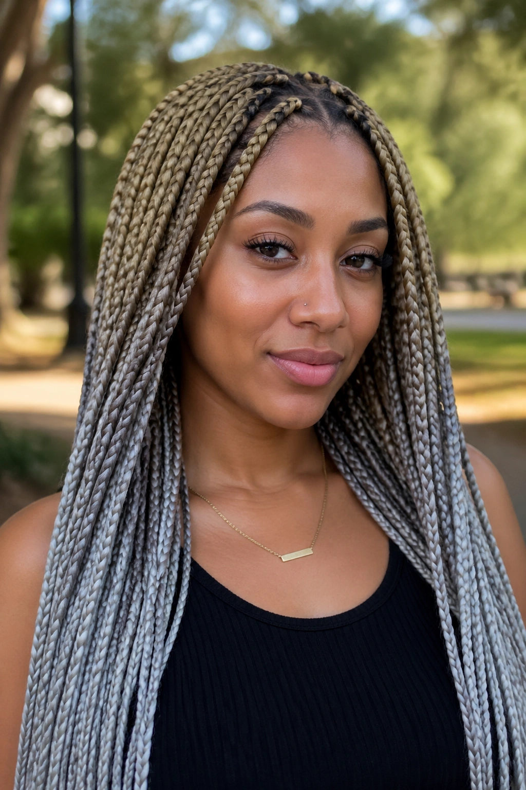 Real woman with deep-root blonde-to-grey ombre box braids.