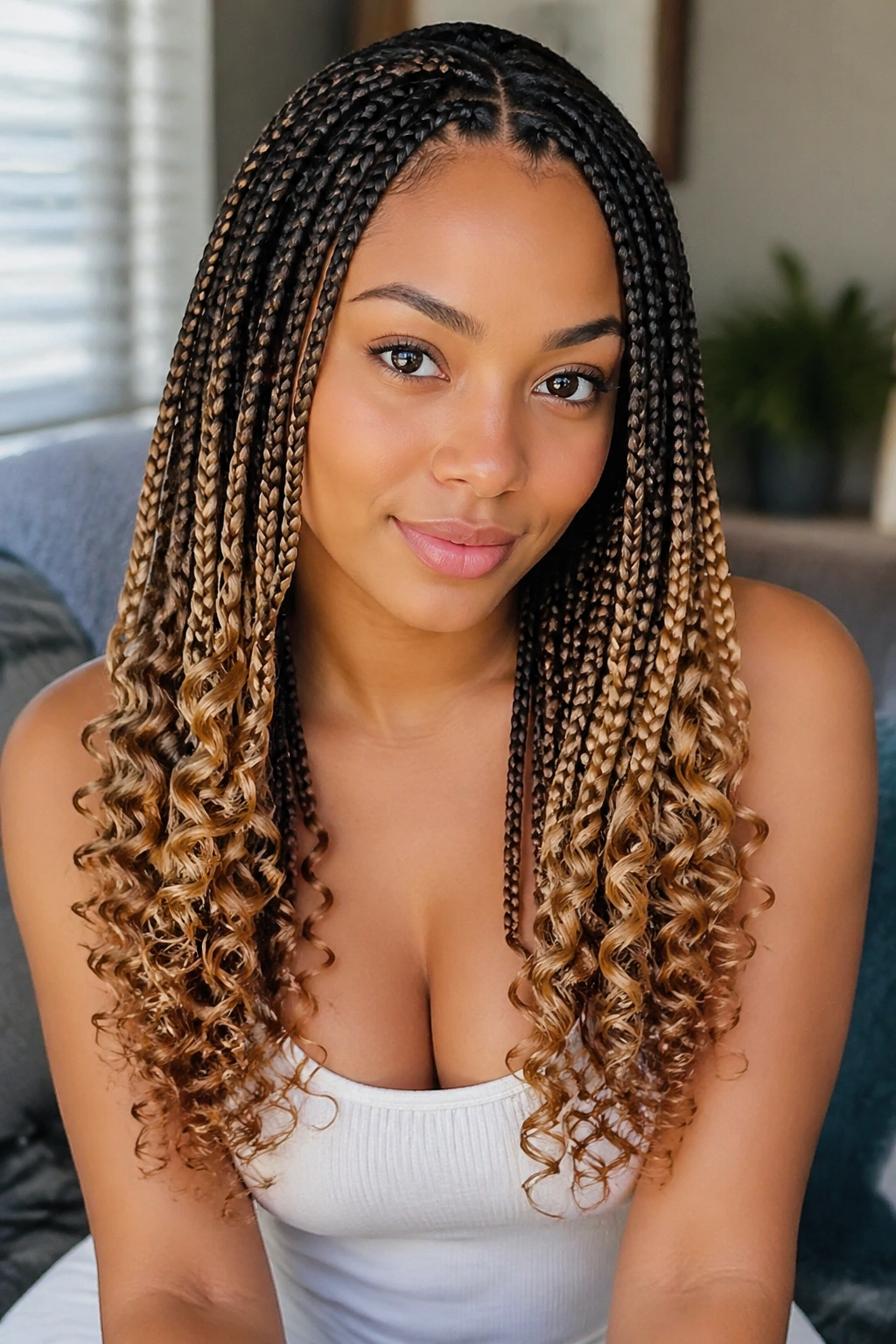Close-up of a real person with ombre box braids and curly ends from dark roots to caramel tips