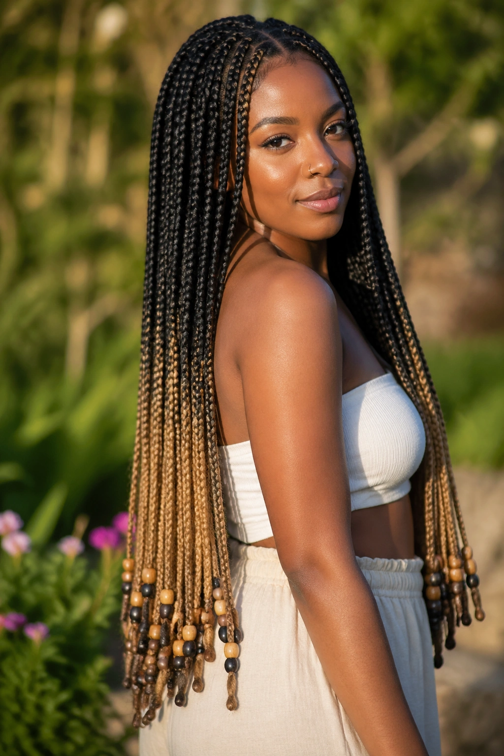 Portrait of a real woman with waist-length ombre knotless braids and matte bead ends outdoors at golden hour