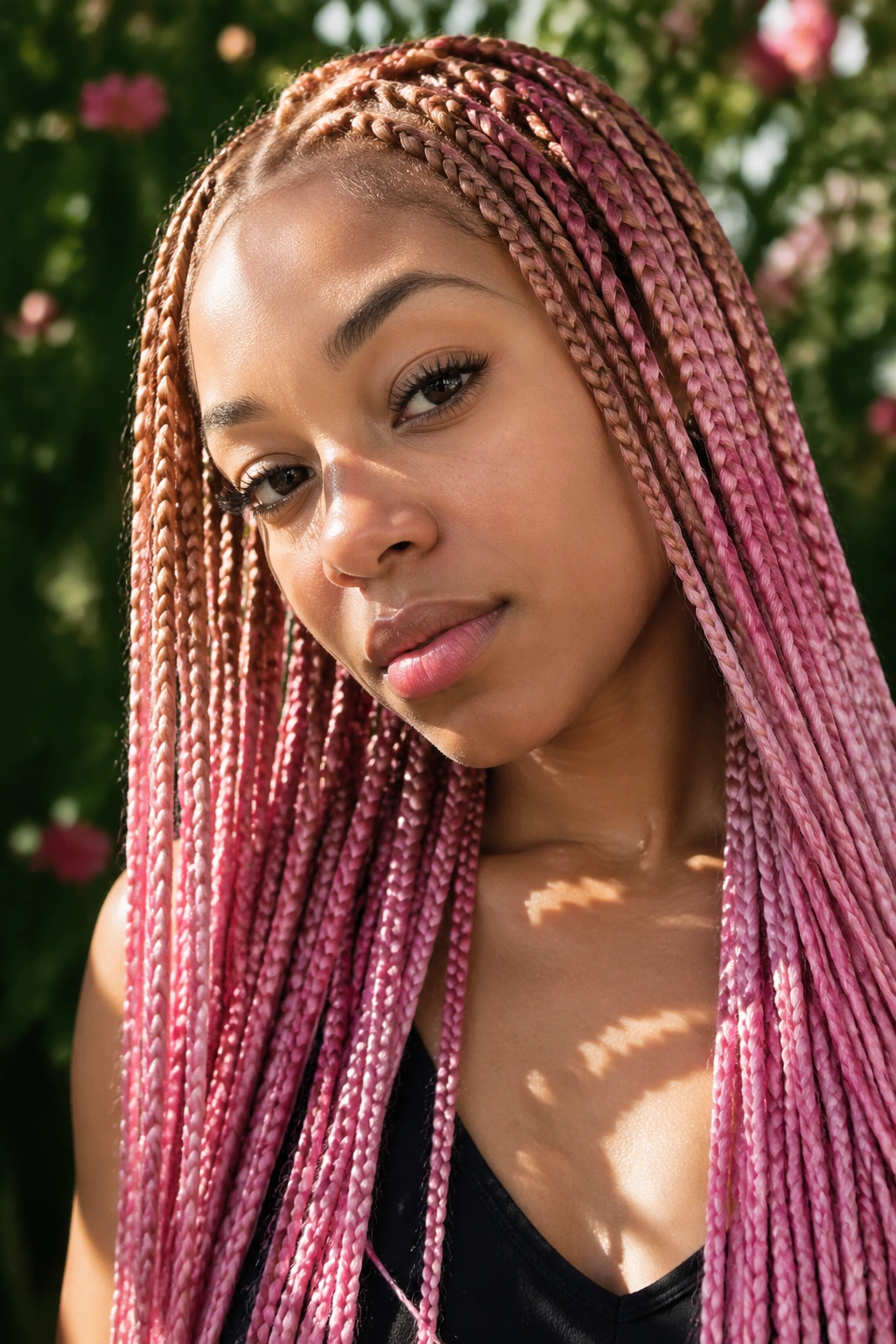 Close-up portrait of a real woman with strawberry blonde to pink ombré box braids