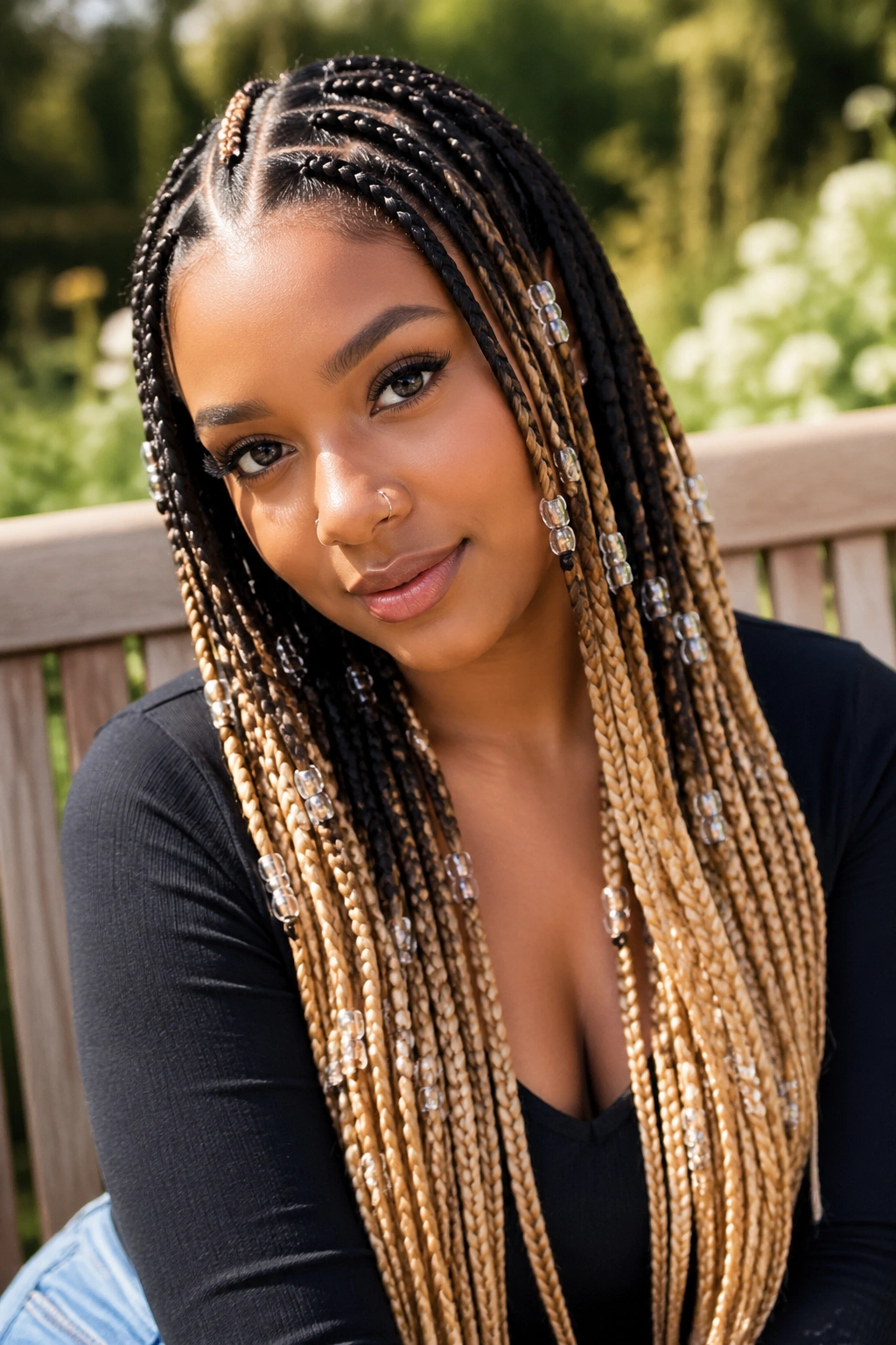 Close-up of a real person with ombre braids and translucent beads, color fade visible.