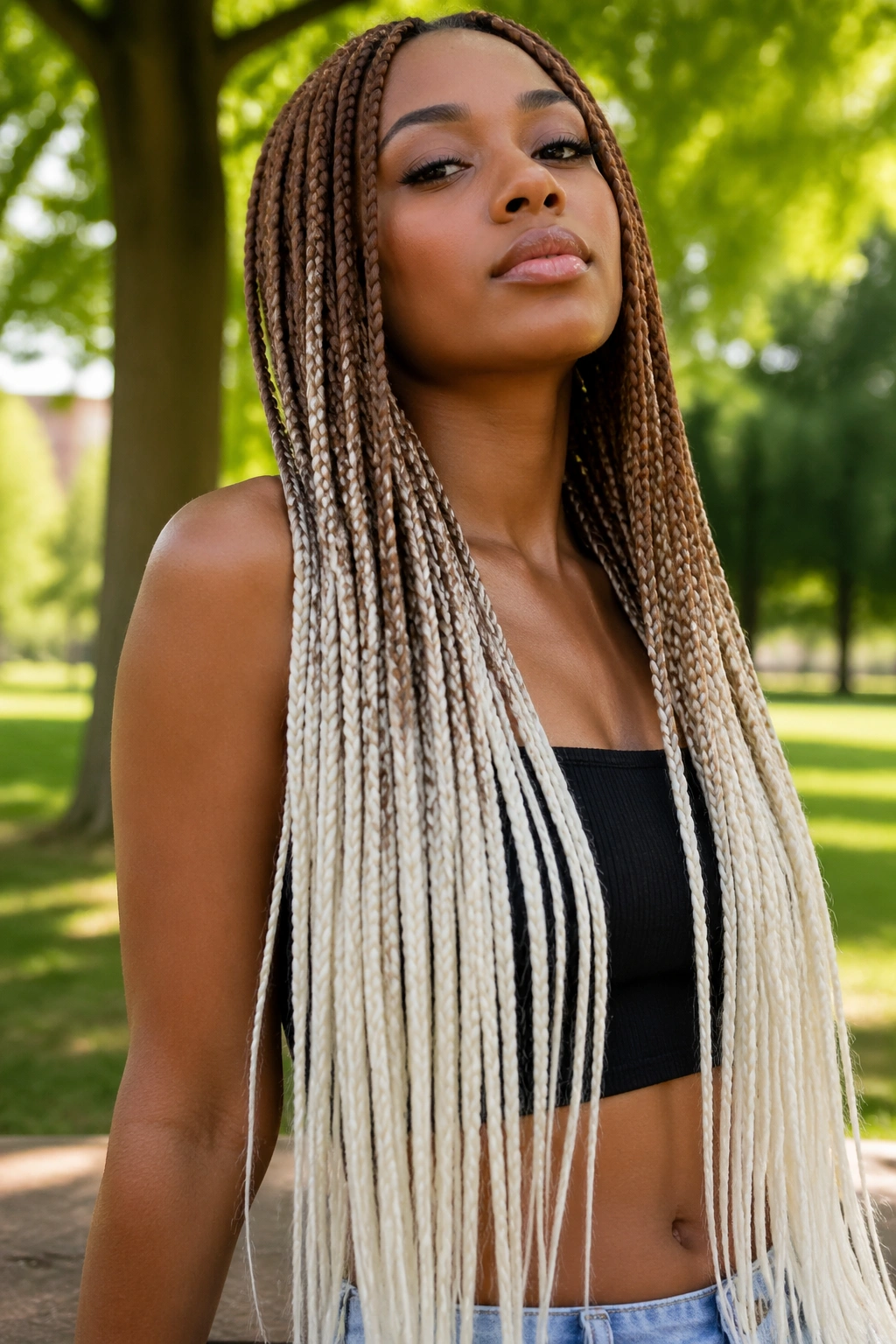 Real woman with waist-length brown-to-white ombre box braids in a park setting.