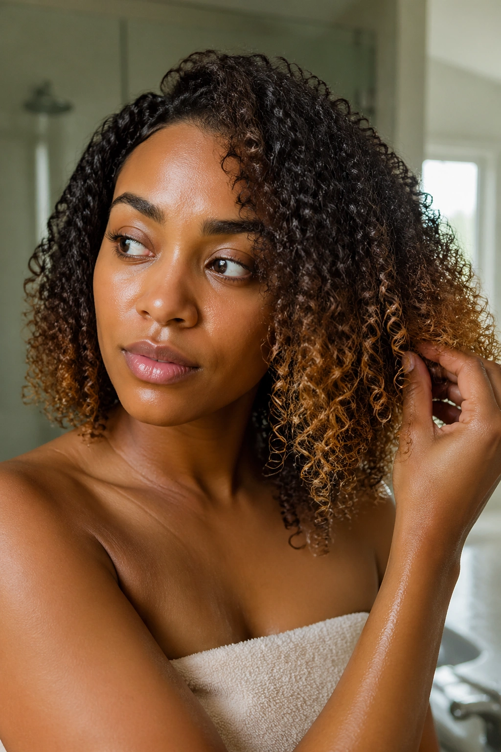 Close-up of moisturized ombre curls on a real person