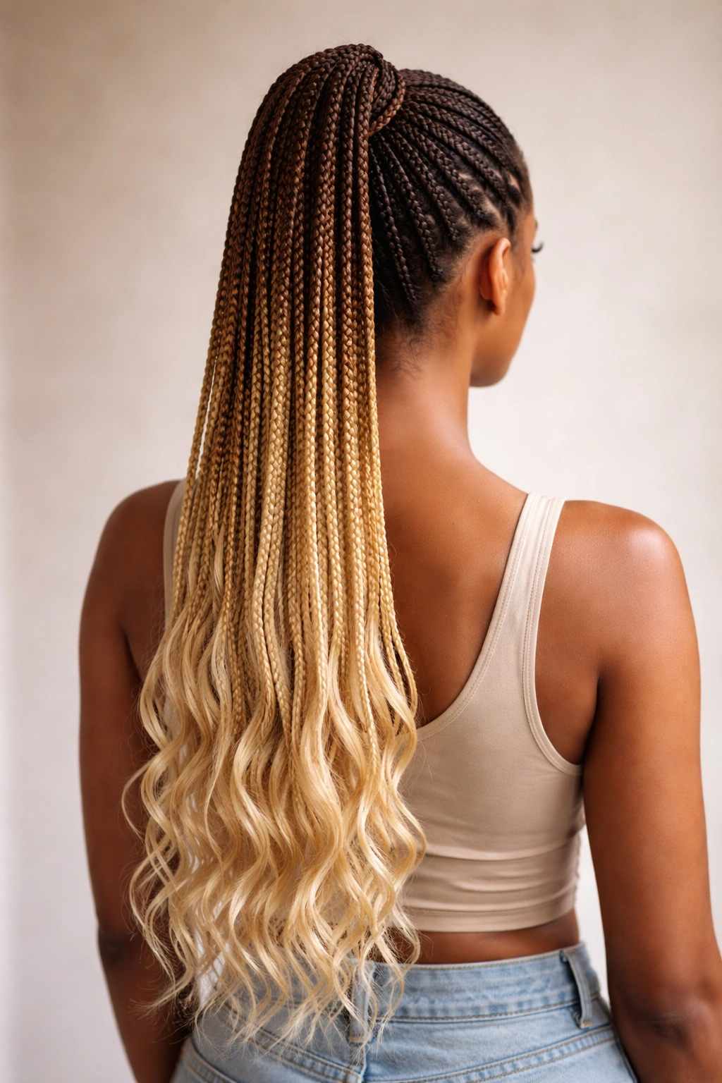 High knotless ponytail with ombré gradient from dark roots to light ends