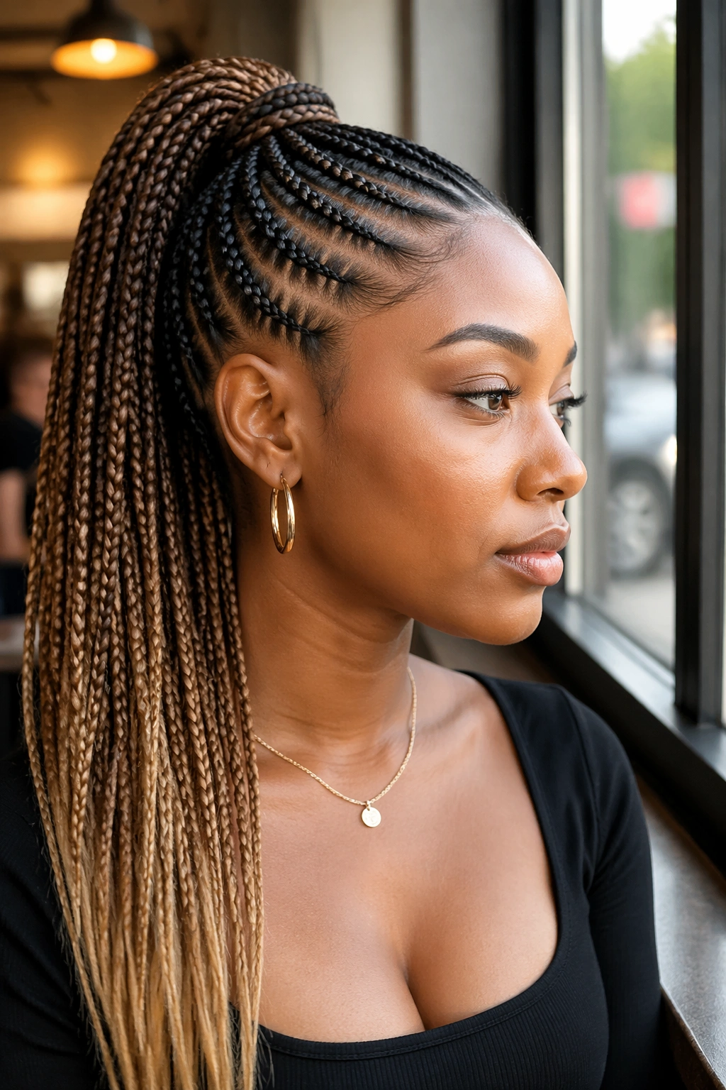 Close-up of a real Black woman with ombre cornrows transitioning from dark roots to lighter ends in a ponytail.