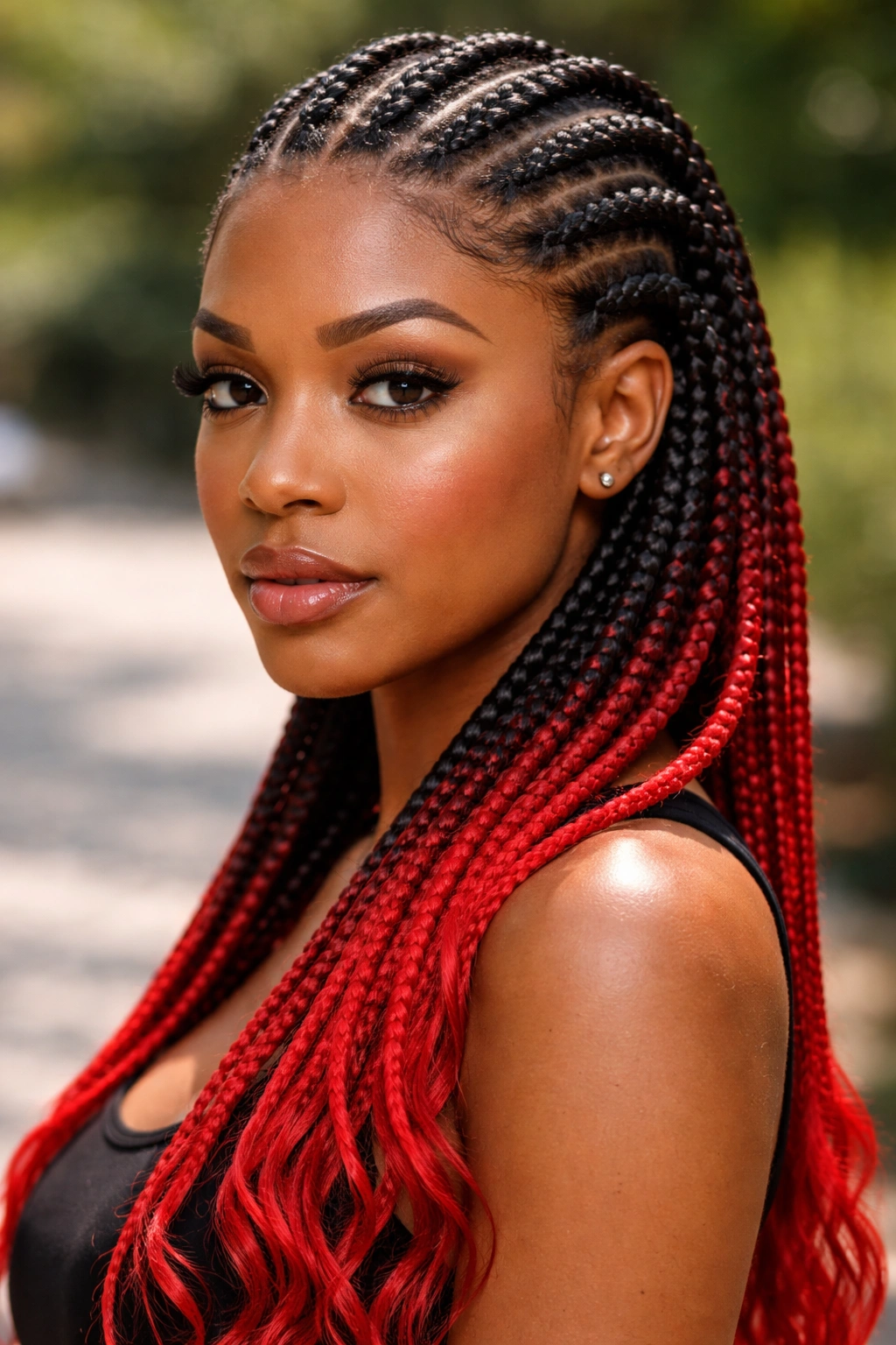 Close-up portrait of a real woman with black-to-red ombré cornrows
