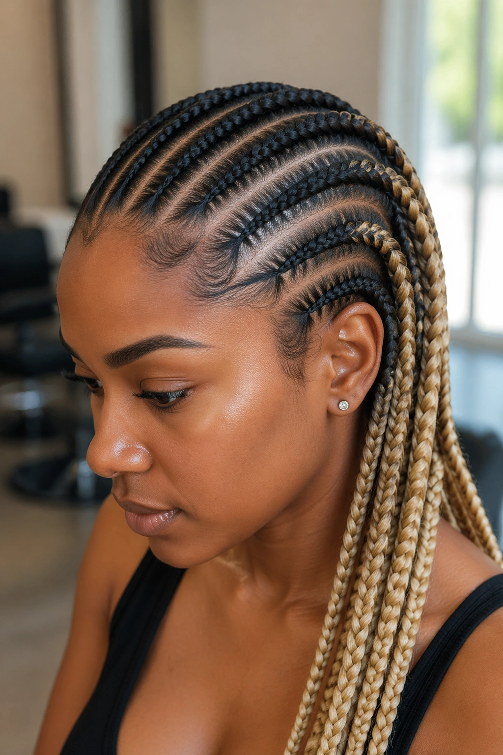 Close-up of Ombre Black-to-Blonde cornrows on a real woman in a sunlit salon
