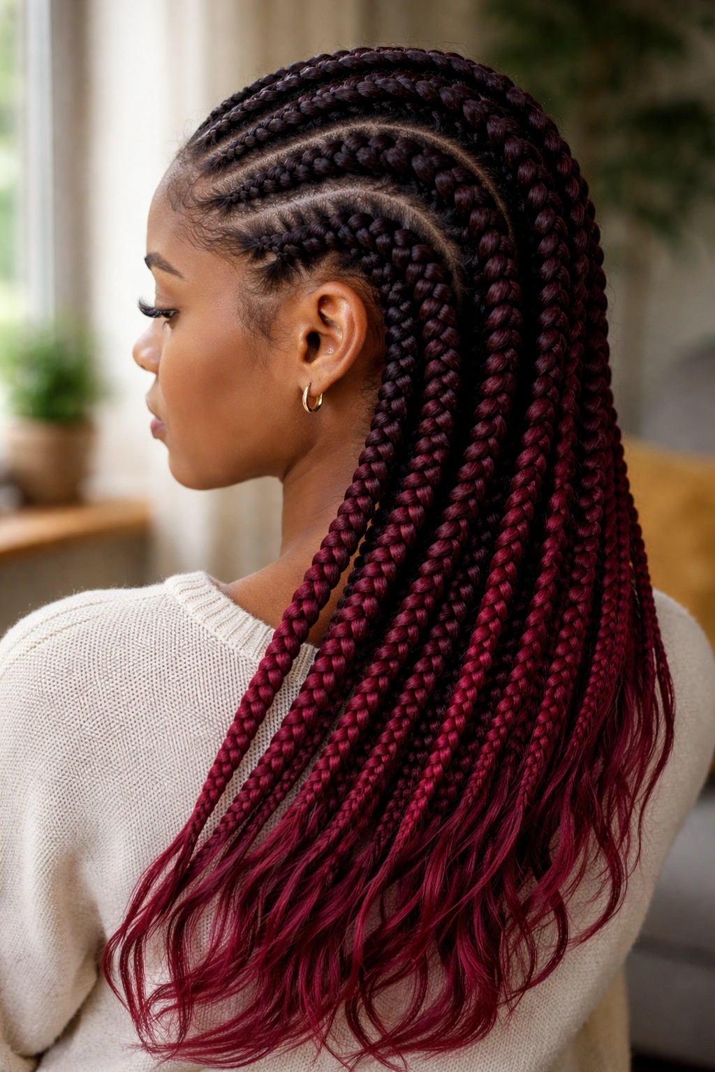 Close-up portrait of a real person with burgundy ombré cornrows from roots to ends
