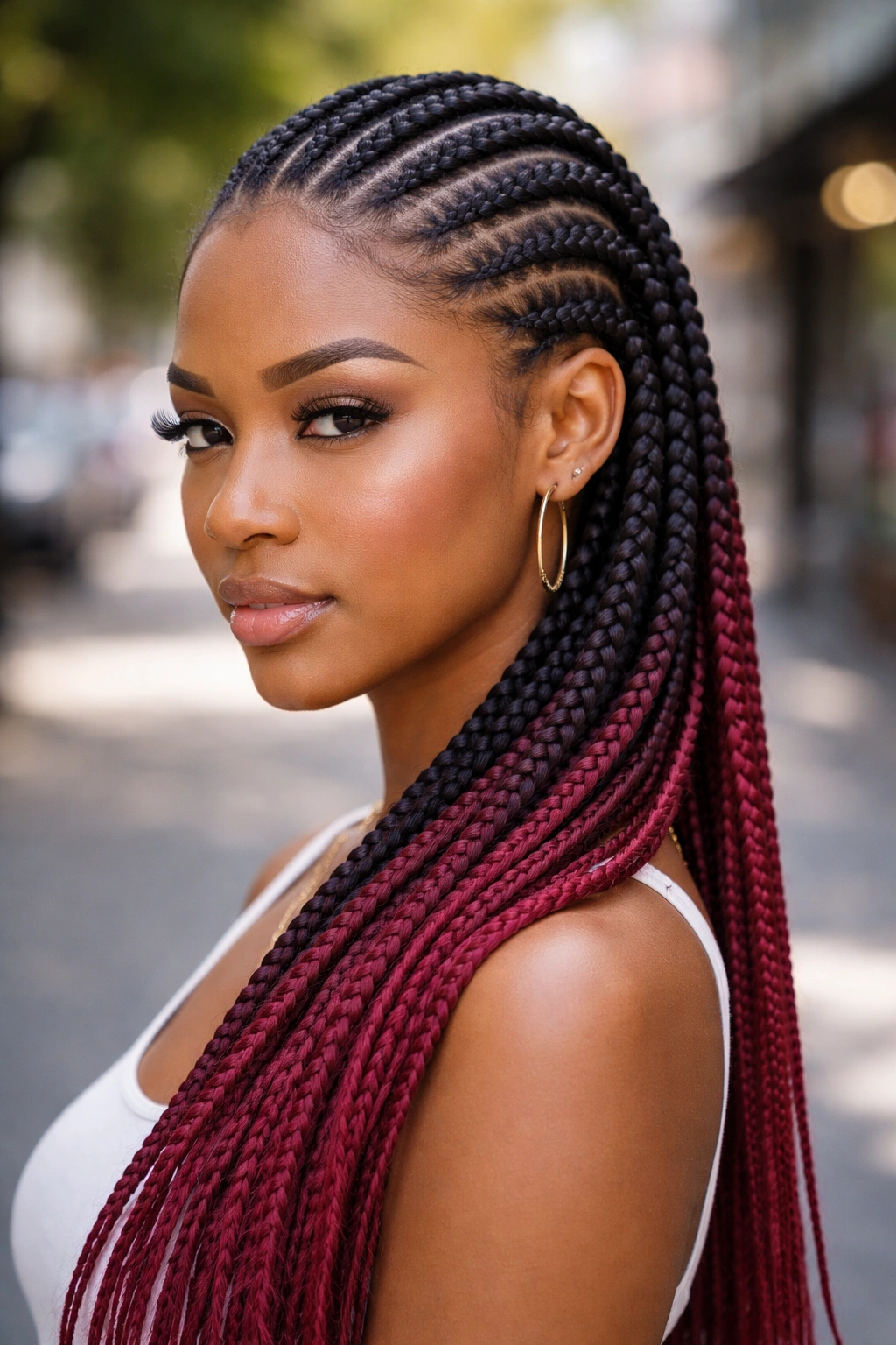 Portrait of a real woman with black-to-burgundy ombre cornrows.