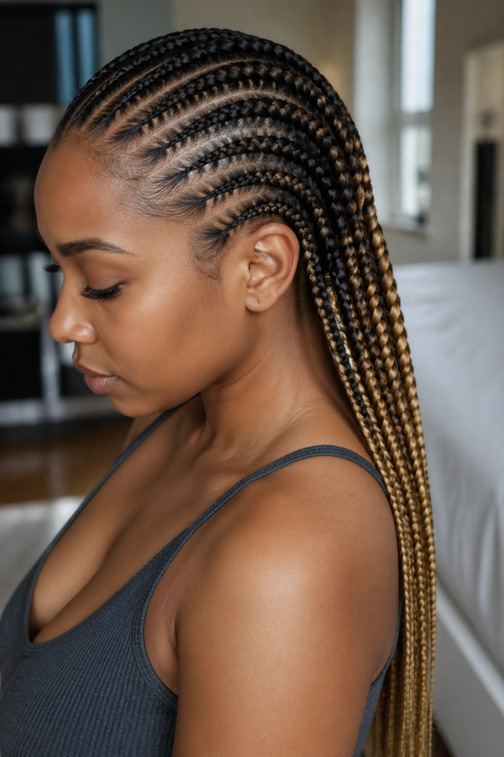 Close-up of a real woman with ombre all-back cornrows