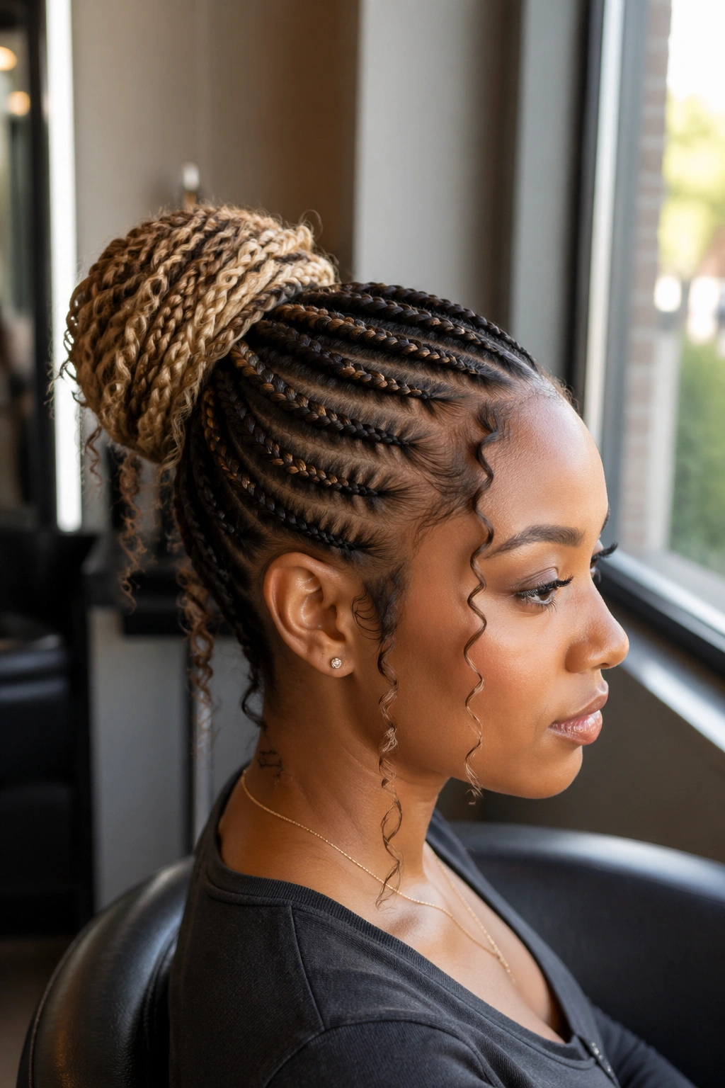 Close-up portrait of woman with ombré cornrows formed into a bun at the back.