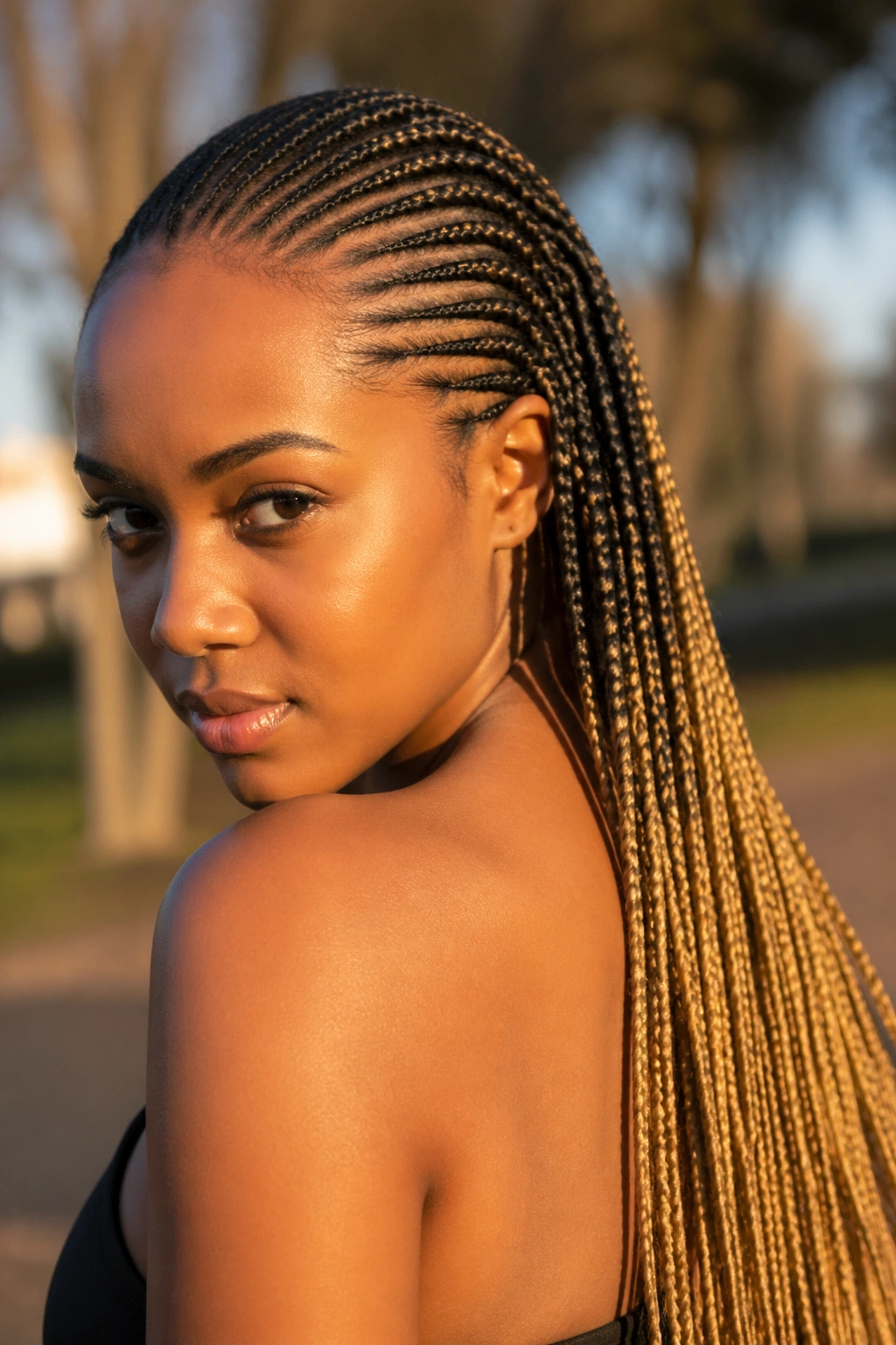 Close-up of long straight-back cornrows with honey-blonde tips