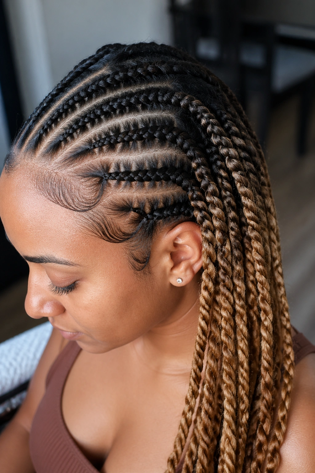 Real woman with dark-to-blonde ombre cornrows and twists