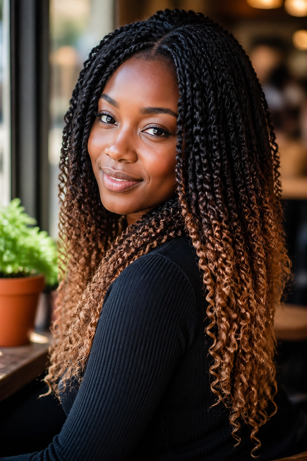 Real woman wearing ombré crochet braids with dark roots to honey tips.