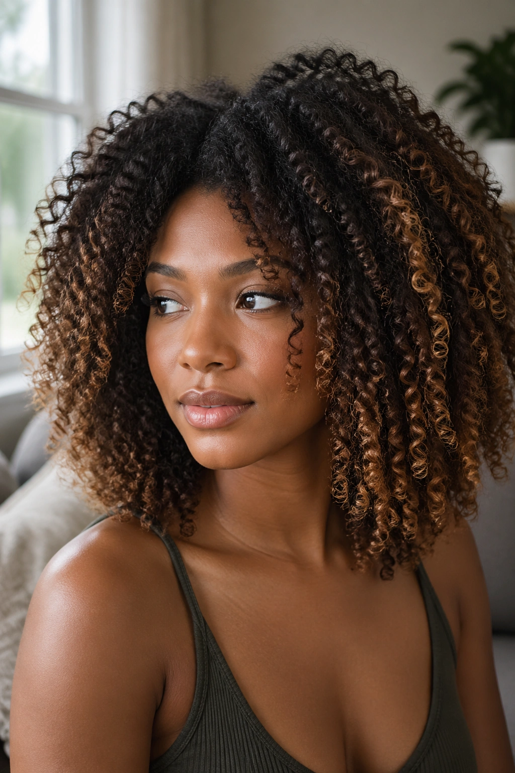 Close-up of a real woman with natural curls showing ombre gradient within coils