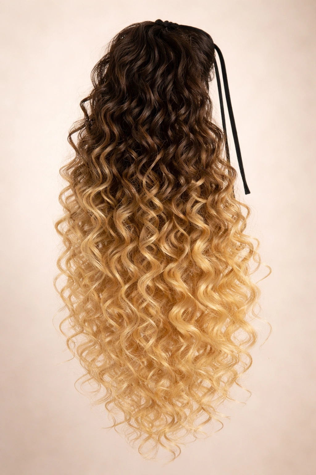 Close-up of an ombré curly ponytail extension showing dark-to-light gradient and curl texture.