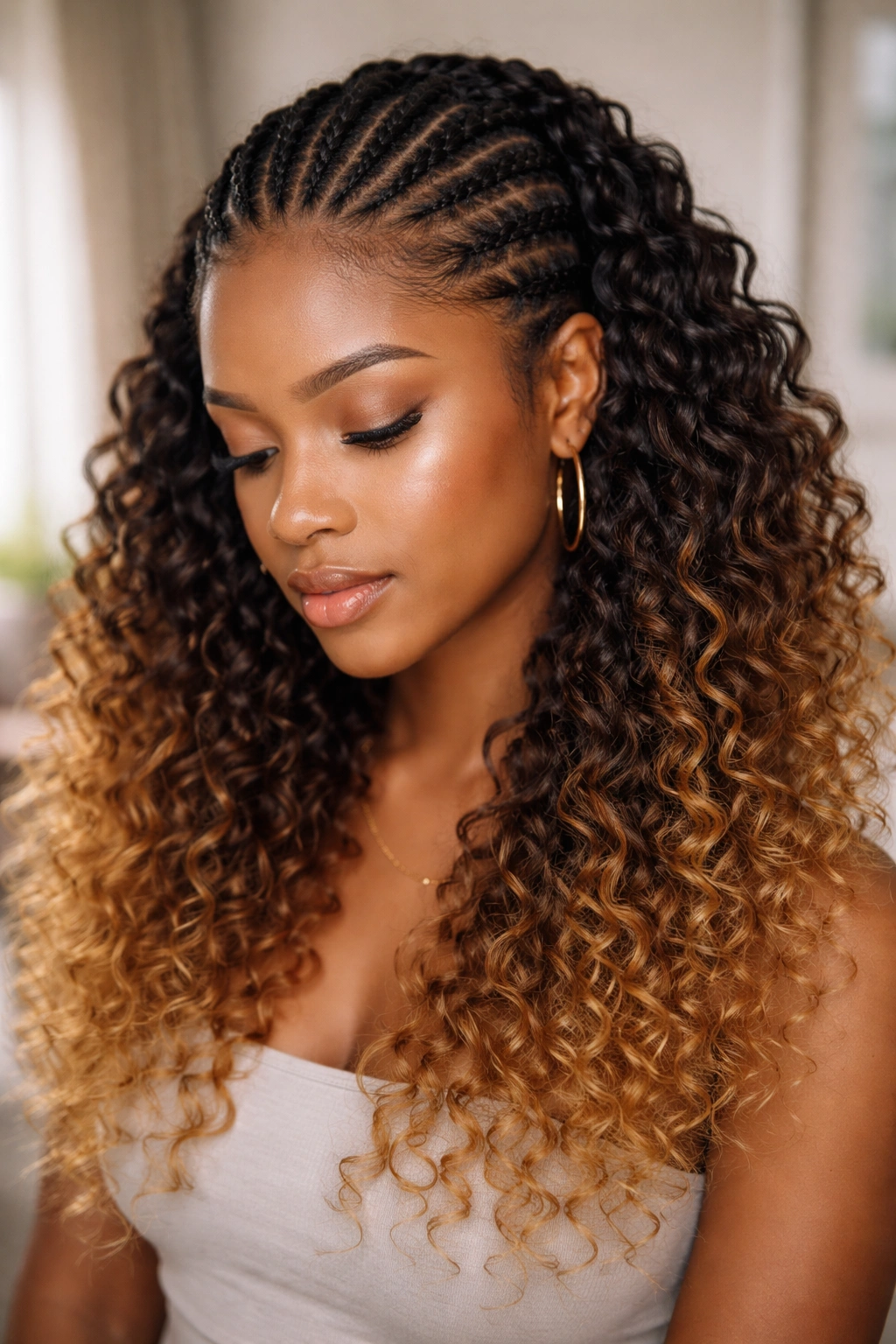 Close-up of a real woman with ombre curly weave over clean cornrows.