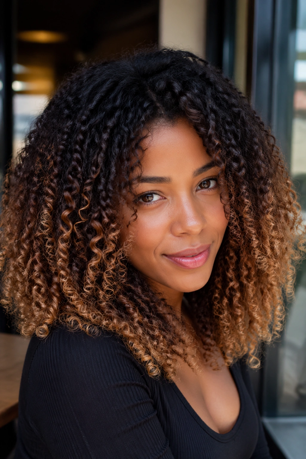 Close-up of a real person with dark roots fading to lighter ends on curly hair.