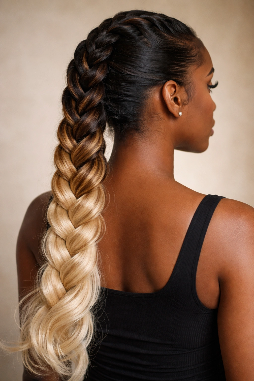 French braid ponytail with ombré extension color gradient