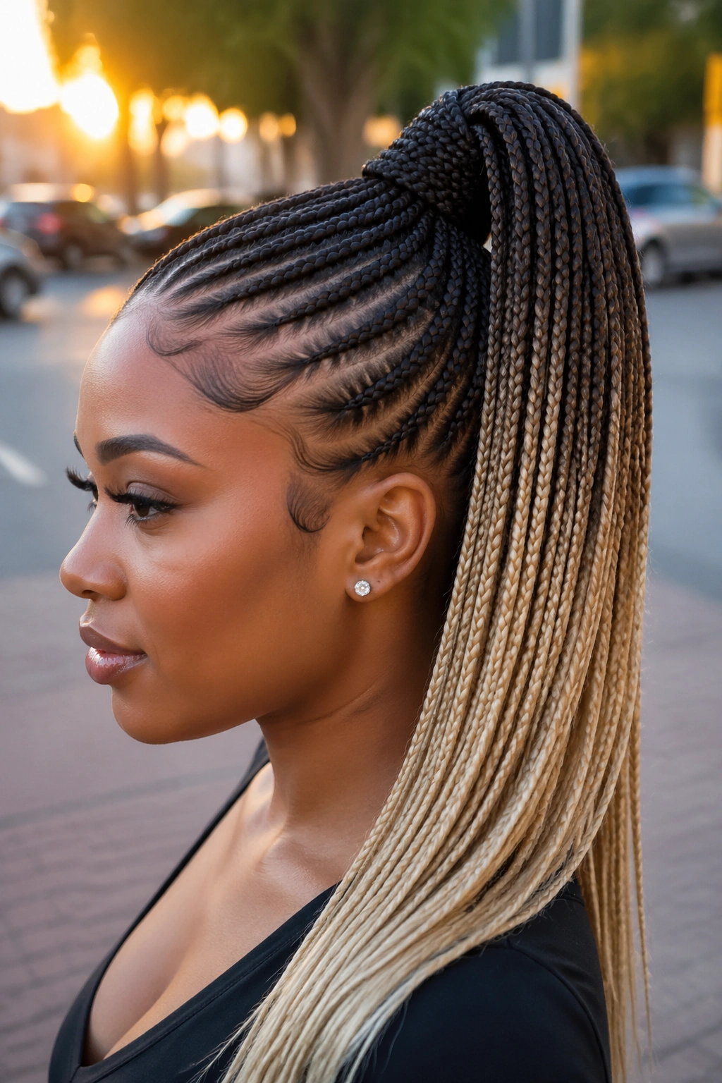 Real woman with ombre fade feed-in pony from side view