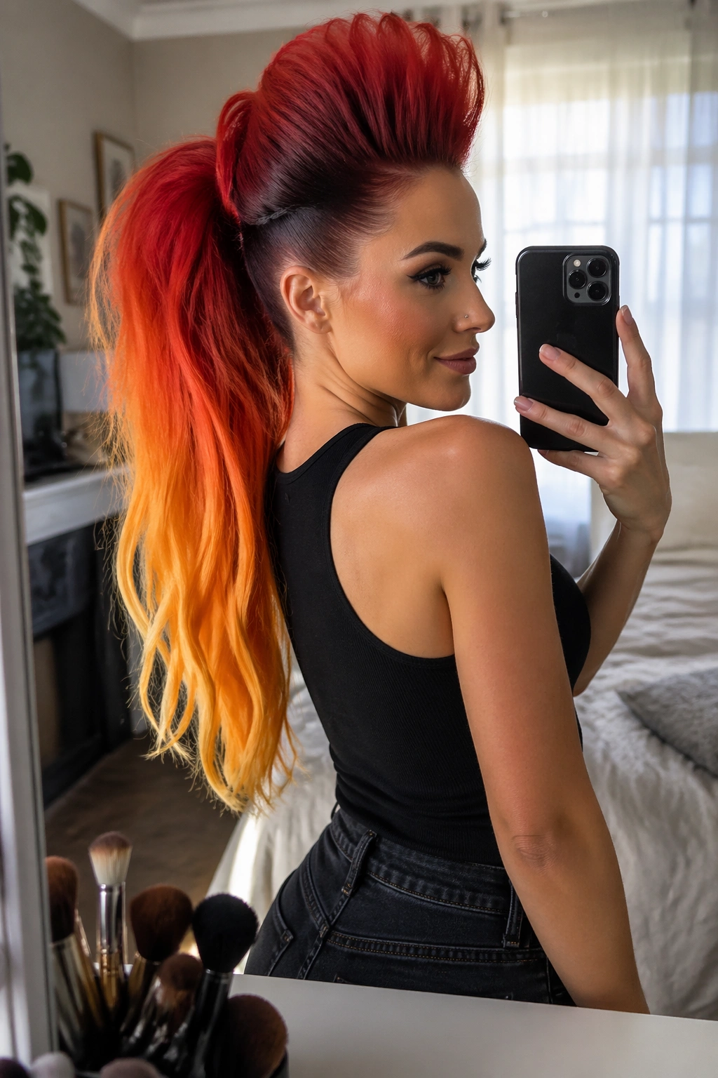 Over-the-shoulder mirror selfie of fiery ombre faux-hawk