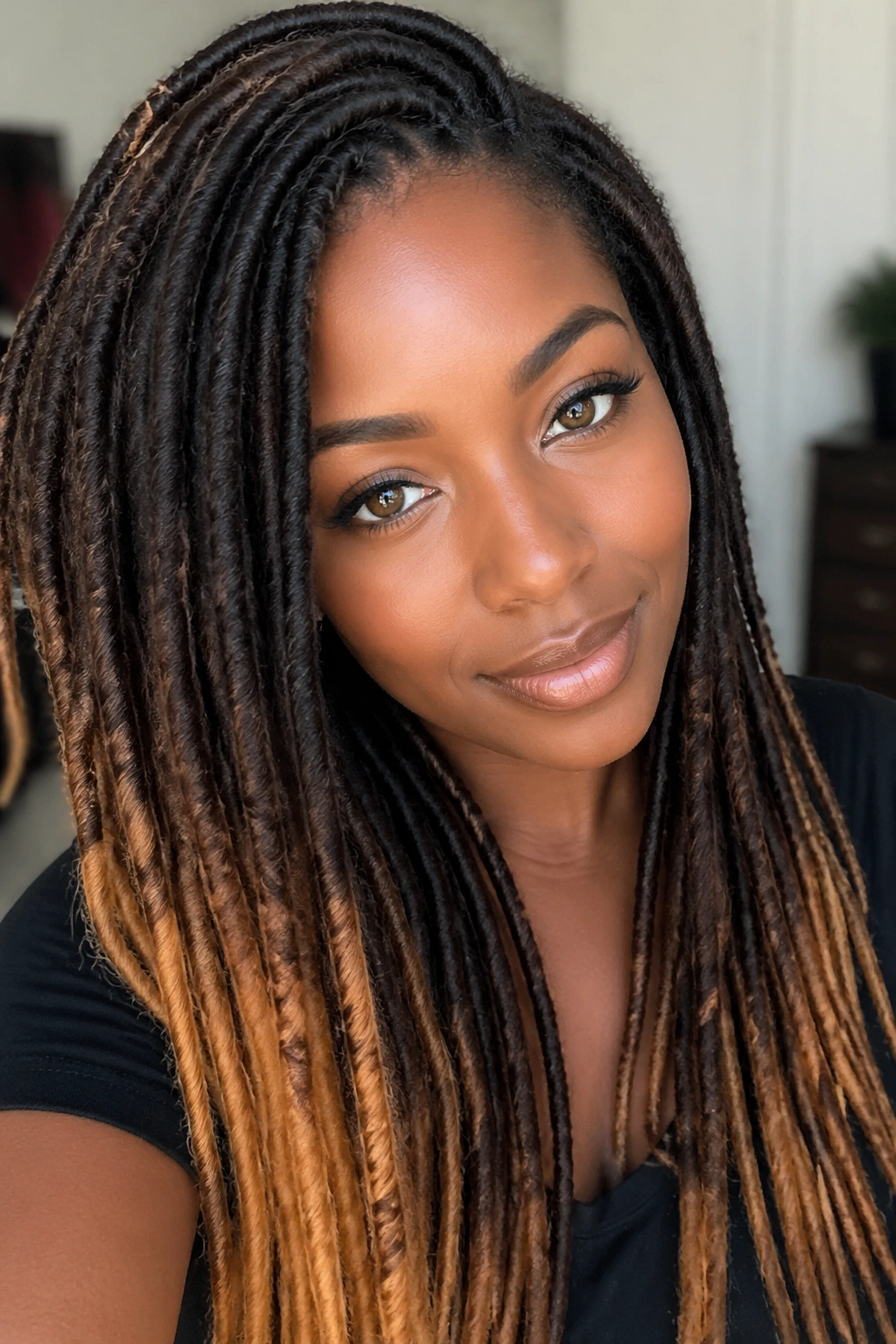 Close-up of faux locs with ombre from dark brown to lighter tips on a real person
