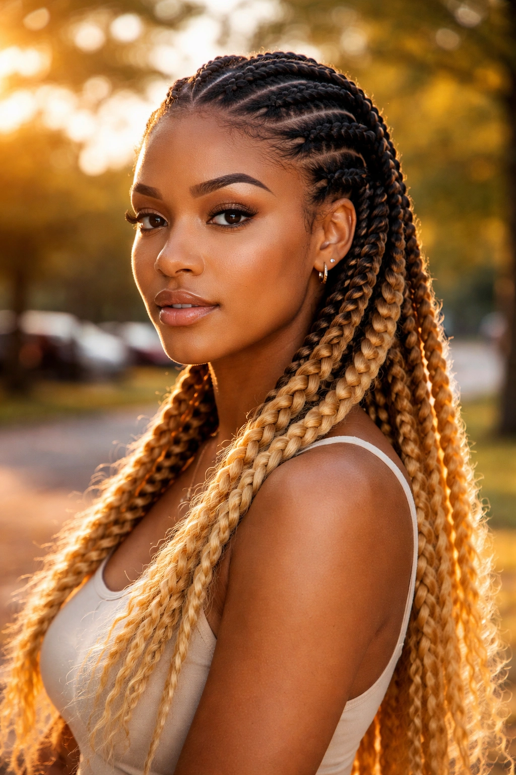 Close-up of ombre honey blonde feed-in cornrows on a real person