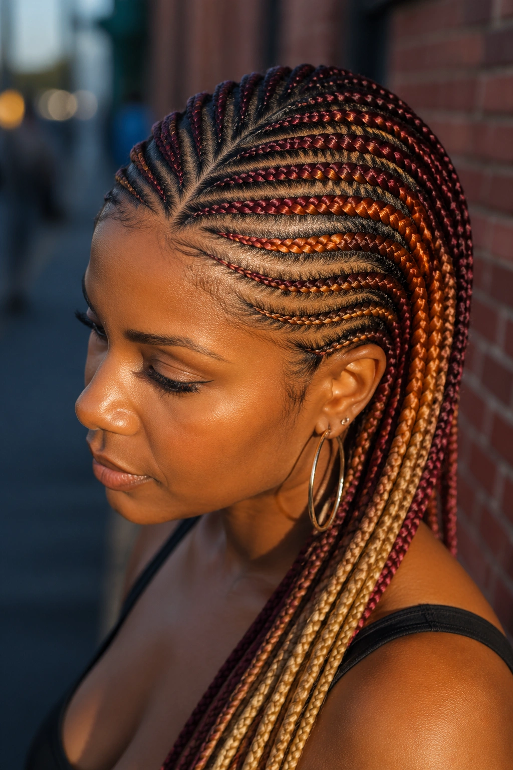 Real person with colored ombre feeders on fishbone braids