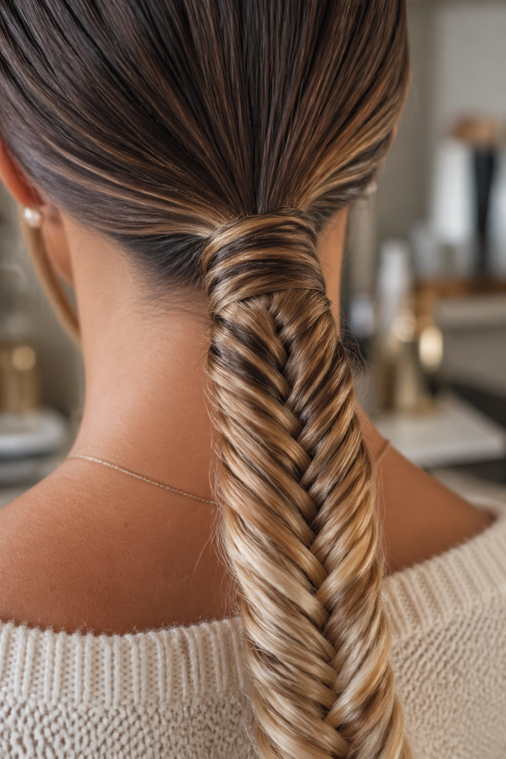 Close-up of a sleek low ombre fishtail ponytail at the nape
