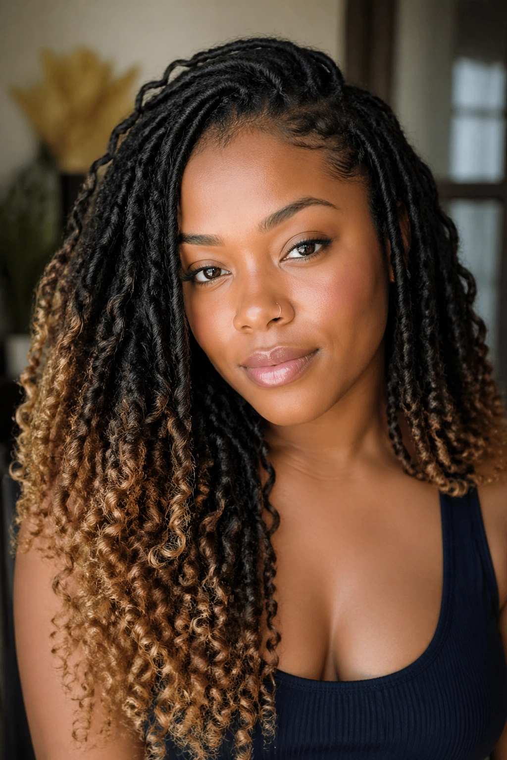 Close-up of goddess locs with dark brown roots and lighter ombre ends on a real person