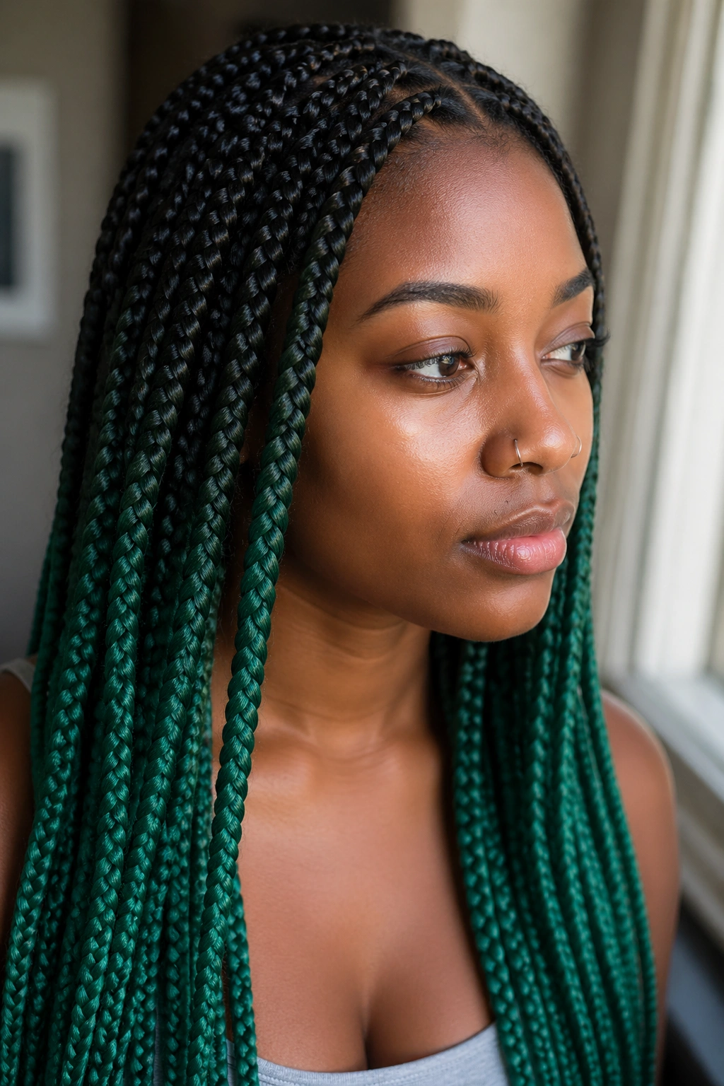 Close-up portrait of ombre green box braids with dark roots fading to green on a real person