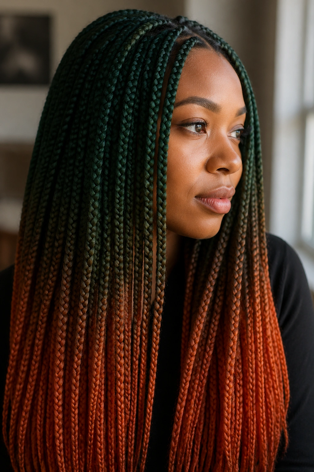 Box braids featuring a forest green to copper orange ombre on a real person