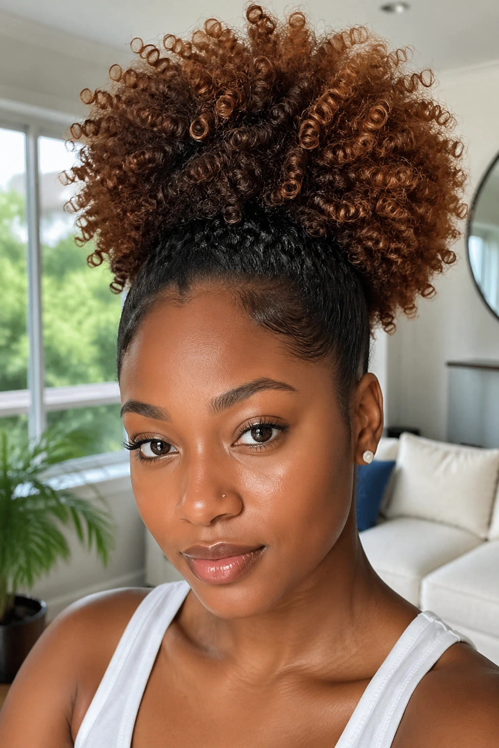 Close-up of a real woman with a high puff and ombre halo from dark brown to lighter ends.