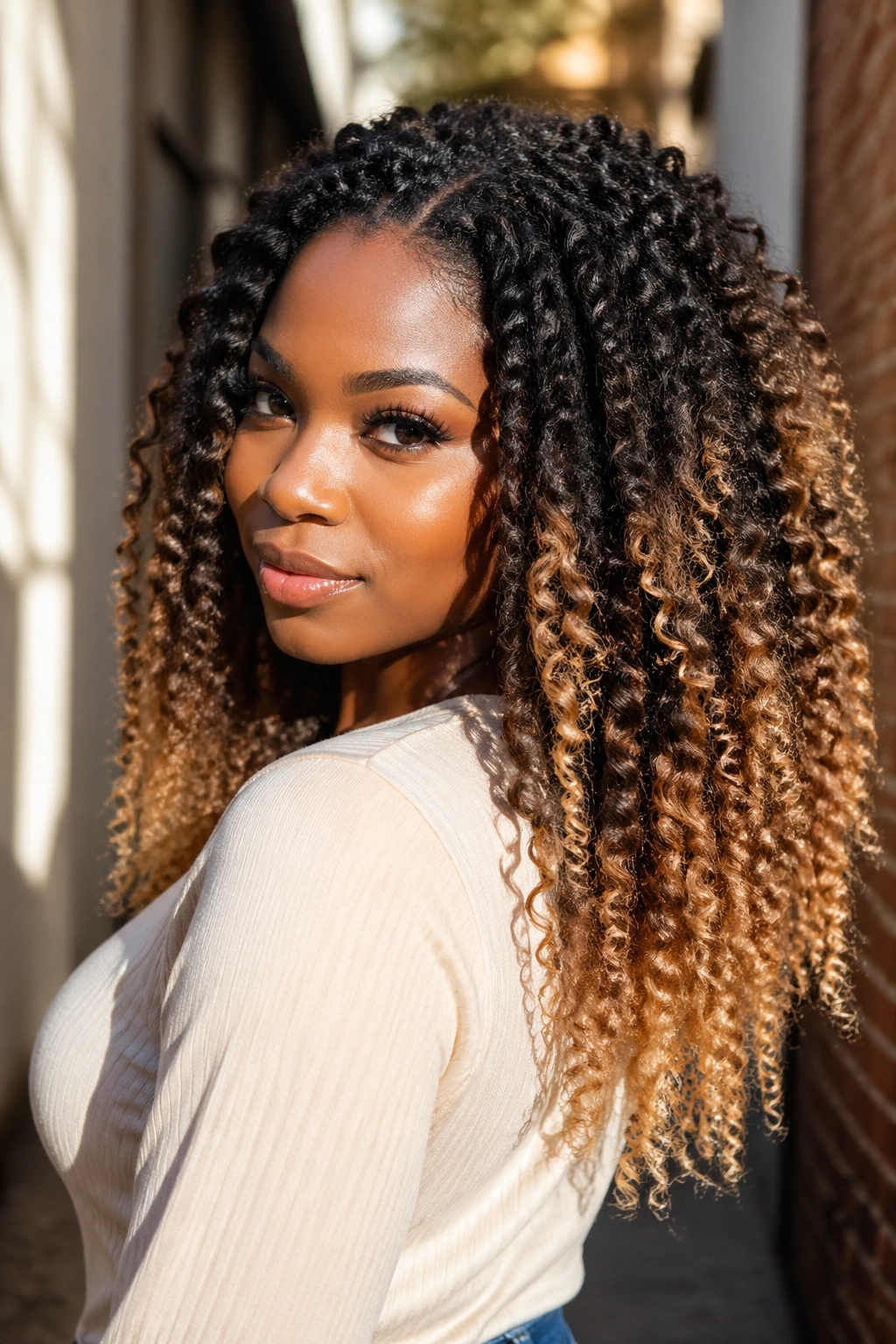 Close-up of ombre highlights on natural curls with dark roots and light ends