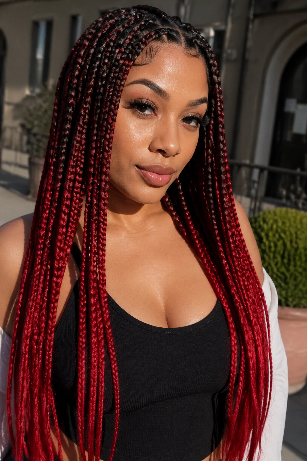 Portrait of a woman with red ombré knotless braids showing dark roots to bright tips outdoors.