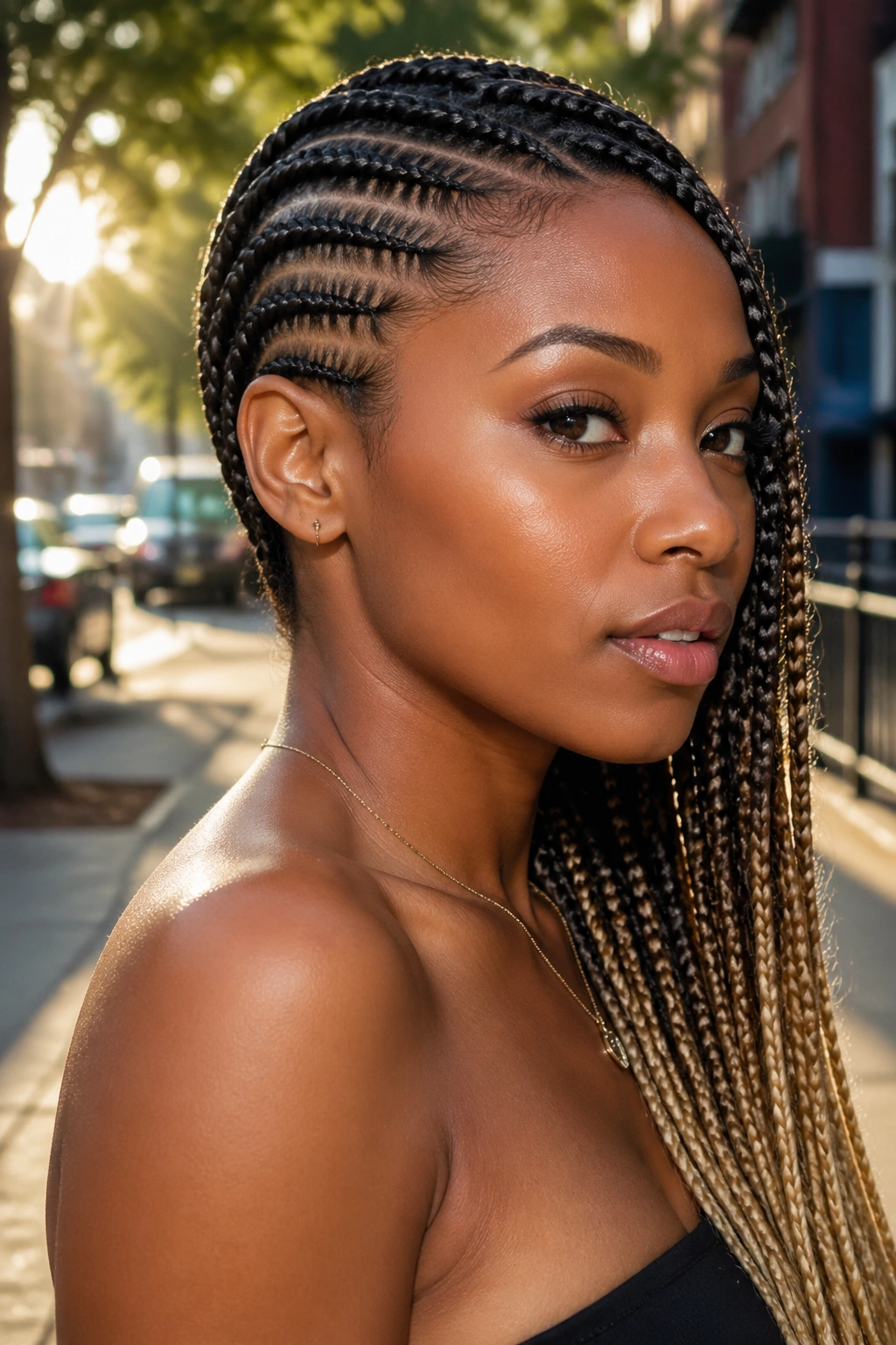 Portrait of a real woman with dark roots fading to lighter tips in ombre lemonade cornrows.