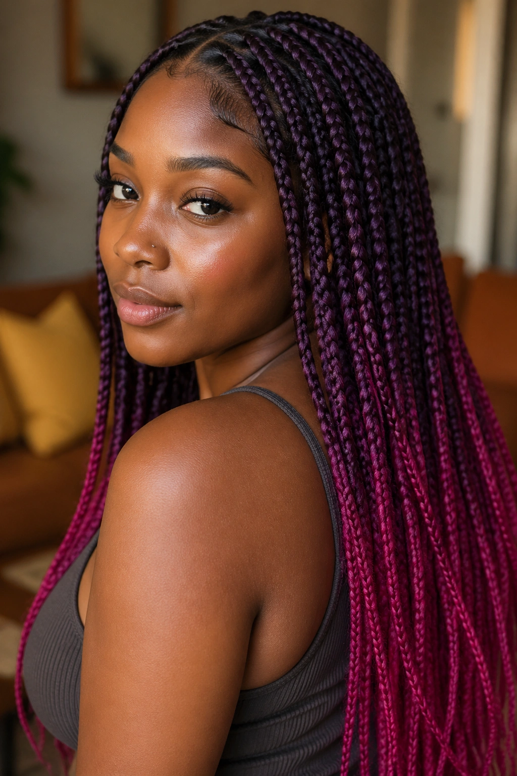 Close-up of a real person with magenta-to-mulberry ombre box braids