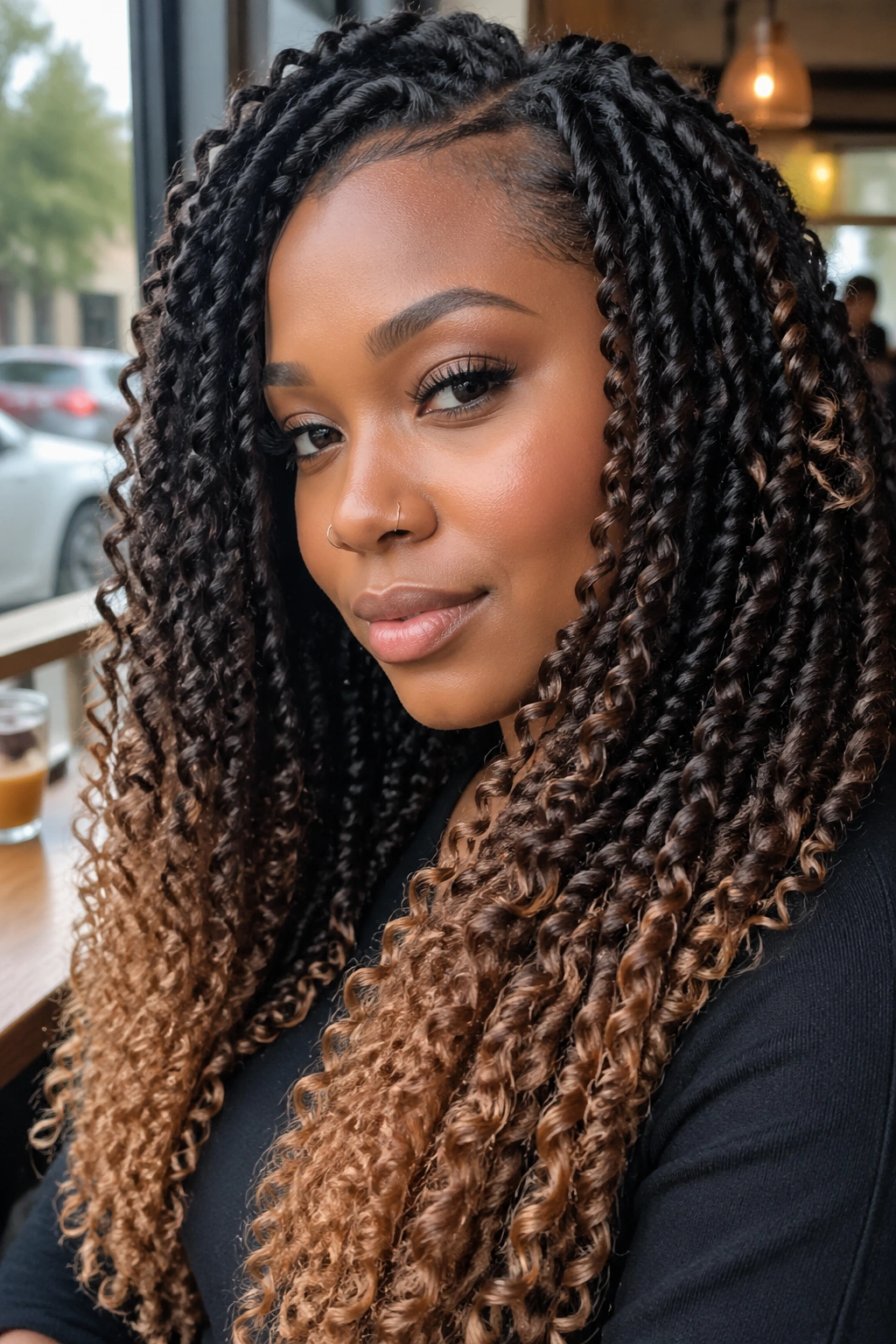 Close-up of a real woman with ombre passion twists from dark roots to lighter ends.