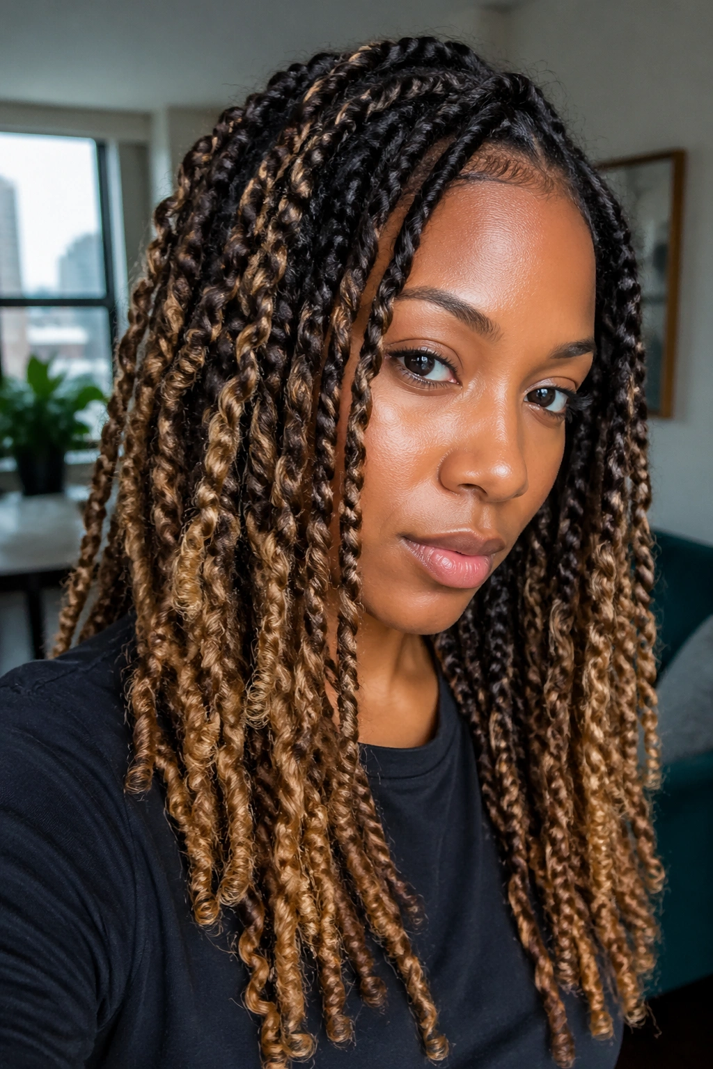 Close-up of ombre perm twists with dark roots to light tips on a real person