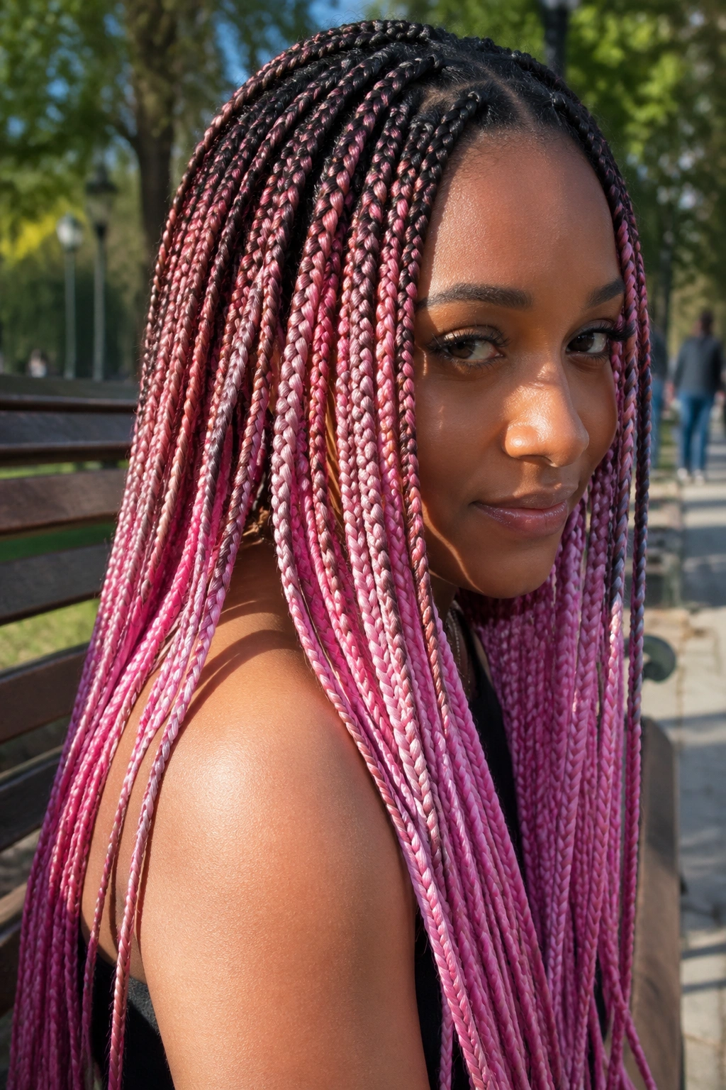Close-up portrait of a real woman with ombre pink box braids.