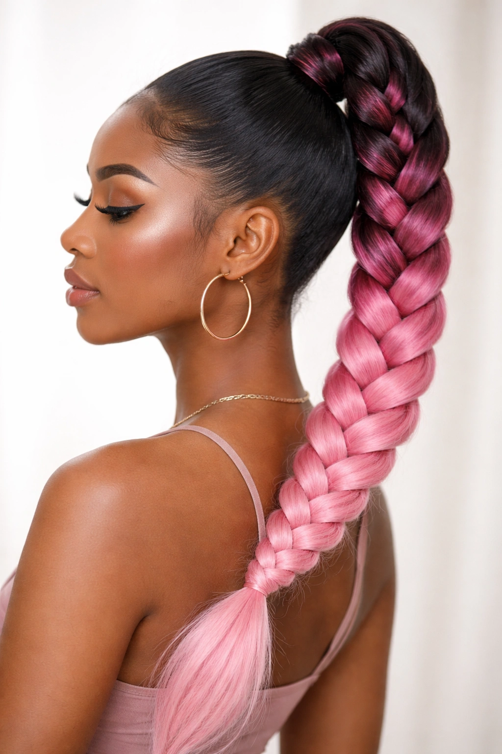 Profile of pink ombré feed-in braid ponytail showing gradient color
