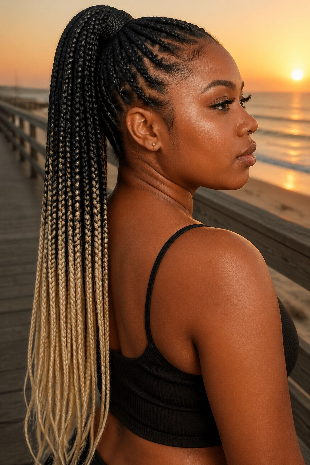 Portrait of a real person with long ombre ponytail showing dark roots to light ends.