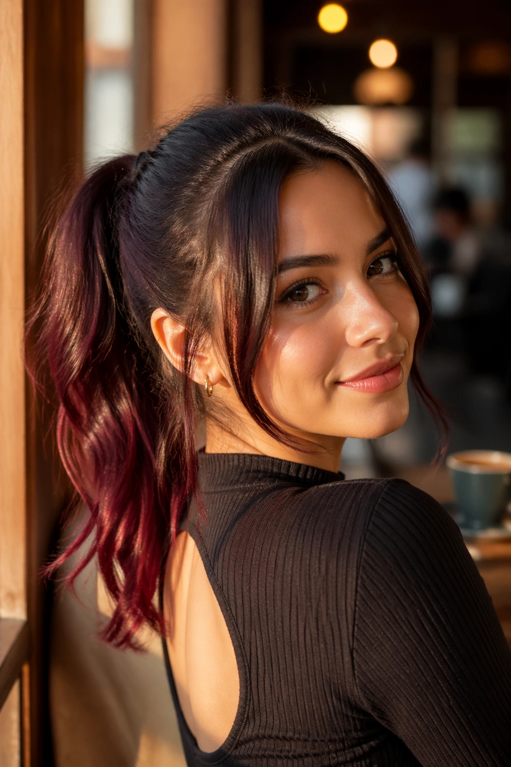 Close-up of a real woman with brunette to cherry cola ponytail