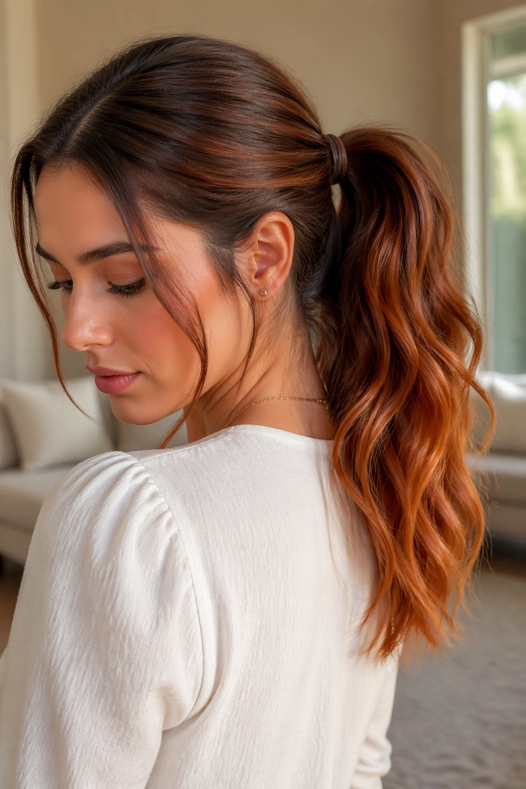 Close-up of a real woman with chestnut to copper mid-height ponytail